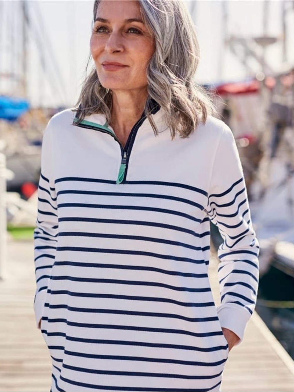 Woolovers Organic Quarter-Zip Pullover Top - White and Blue